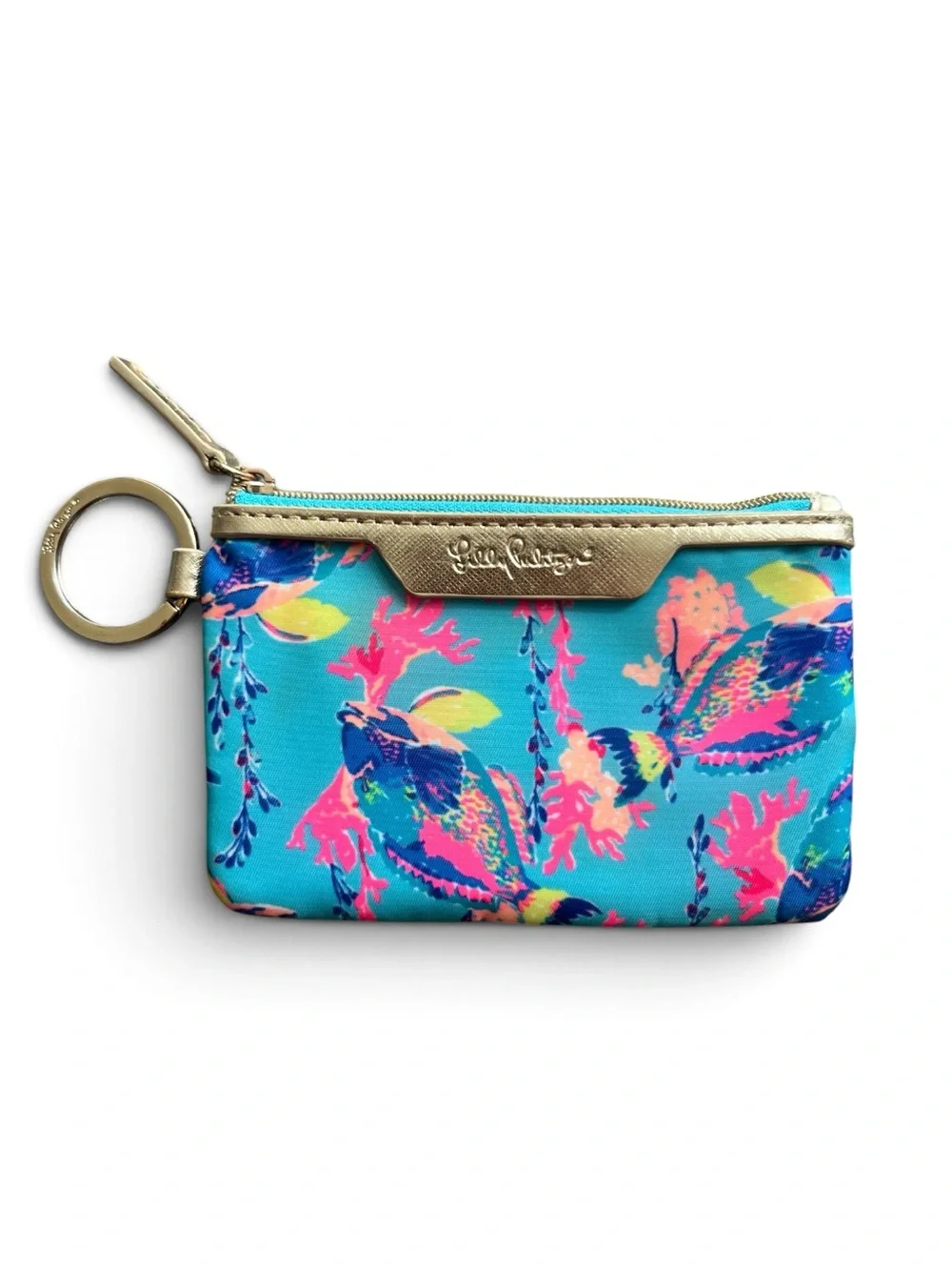 Lilly Pulitzer sandstorm Turquoise Floral Key & Card Pouch with Gold Hardware